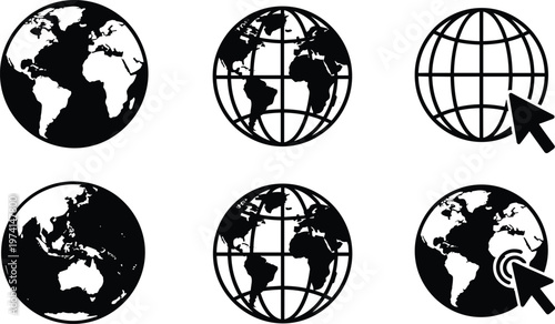 Global earth icons set with grid lines and cursor pointer showing various world continents silhouettes.