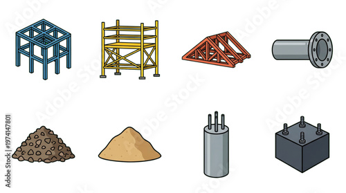 Construction Site Essential Elements Isometric Icons Building Materials and Equipment
