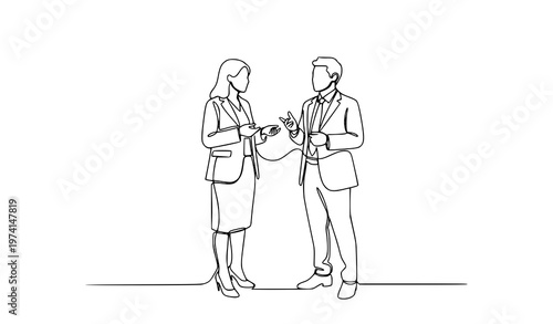 Continuous line drawing of two people talking business conversation minimal one line art vector illustration