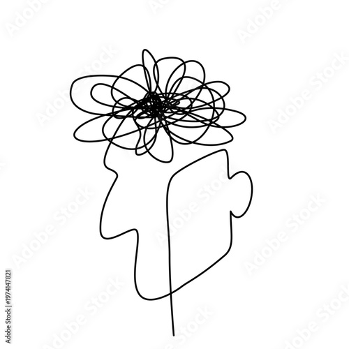 Human head with line tangled in a mess in editable strok line art drawing.
