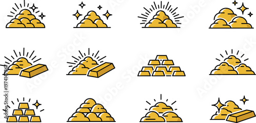 Gold bars and golden nuggets collection set treasure wealth currency savings finance banking symbols.