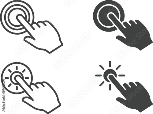 Hand touching screen with concentric circles and radiating light icons finger tap.