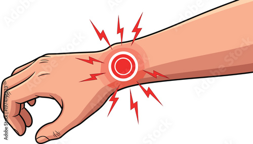 Human hand arm showing pain at wrist with red radiating lines and circle symbol of injury inflammation vector.
