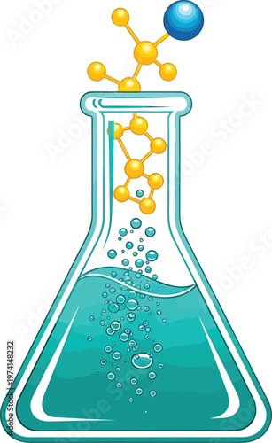 Teal Laboratory Flask with Yellow Molecular Structure and Bubbles