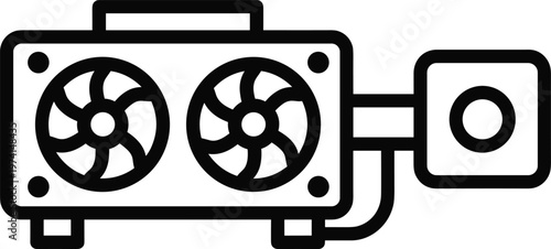 Industrial air compressor machine with cooling fans and power connector in simple black line art style.