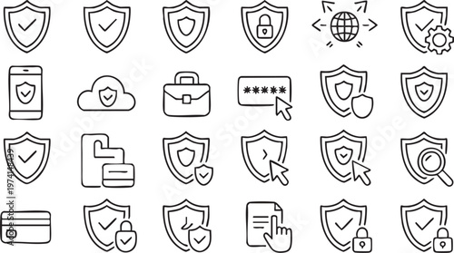 Digital security symbols pack with cybersecurity shields authentication icons and data protection graphics for business use