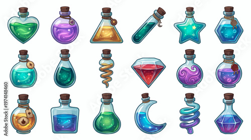 Large set of colorful magical potion bottles with different shapes and glowing liquids isolated on white background, symbolizing game asset development and illustrating fantasy roleplay elements
