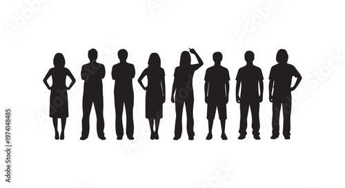 A line of silhouettes depicting diverse human figures in black and white demonstrating unity and representation