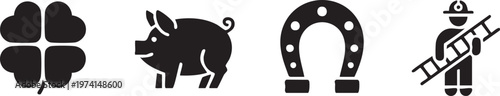 Luck and finance icon set with clover piggy bank horseshoe and protection symbols for business design