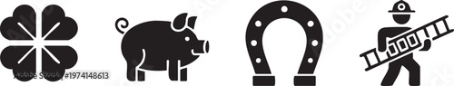 Good luck and fortune icons featuring clover horseshoe piggy bank and safety concepts for finance use