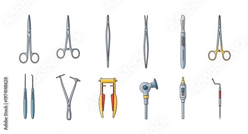 Collection of Surgical Instruments for Medical Procedures and Healthcare.