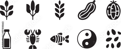Organic food icon set with vegan plant grains seafood and nutrition symbols for healthy lifestyle design