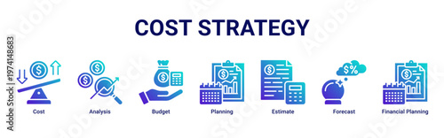 Cost Strategy web banner icon vector illustration with icons of Cost,Analysis,Budget,Planning,Estimate,Forecast and Financial Planning
