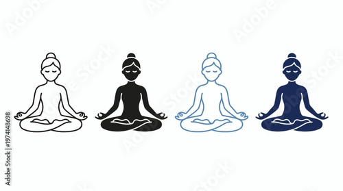Yoga woman icons collection sitting in lotus pose with outline and silhouette styles on white background, Focused on wellness app design and illustrating mental health mindfulness content
