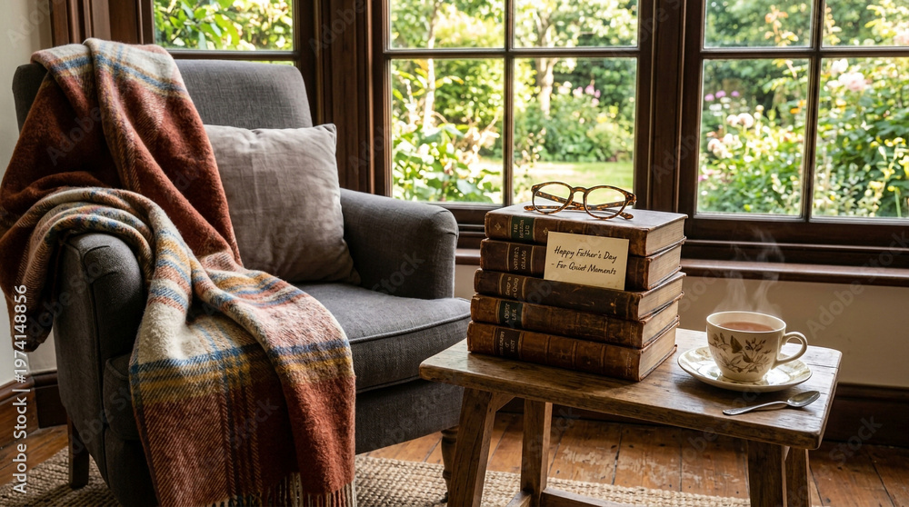 Obraz premium Cozy reading nook with books, tea, and a warm blanket by the window