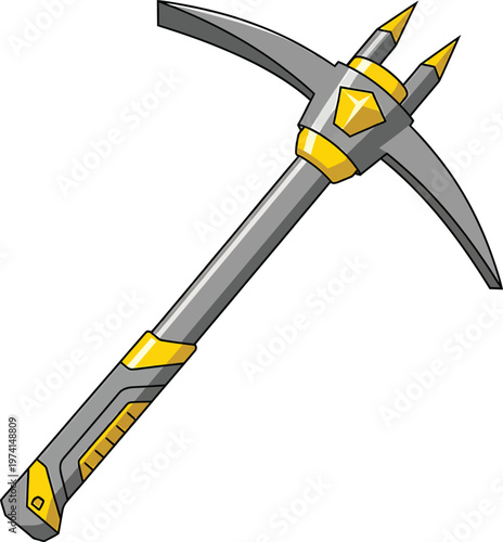Grey Pickaxe with Yellow Accents on White Background