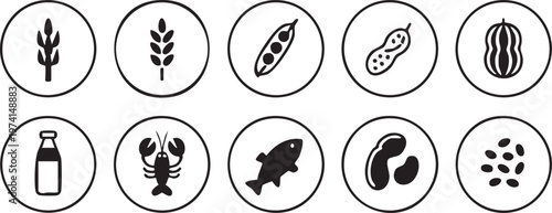 Food allergy icon set with gluten free nut seafood milk and soy symbols for labeling and packaging