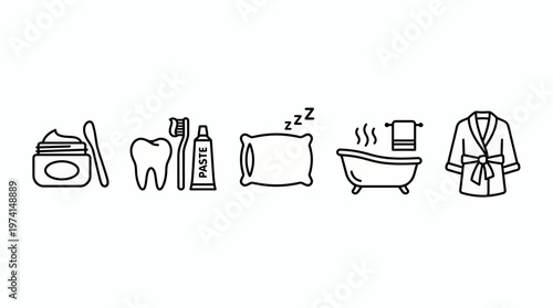 Set of black line icons featuring skin care cream, toothbrush with toothpaste, sleeping pillow, bathtub and bathrobe on white background, symbolizing nightly routine and personal hygiene wellness