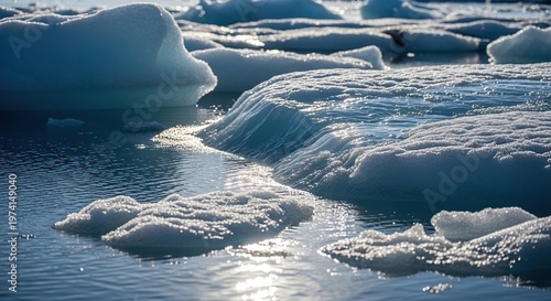 Icebergs floating on the water surface under sunlight.