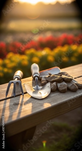 Gardening tools on a wooden bench with a beautiful sunset.