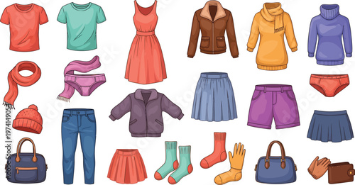 Colorful Clothing and Accessories Isolated on White Background