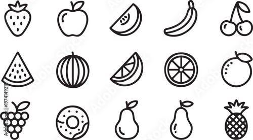 Fresh fruit outline icons featuring apple citrus grape and pear for nutrition and grocery branding