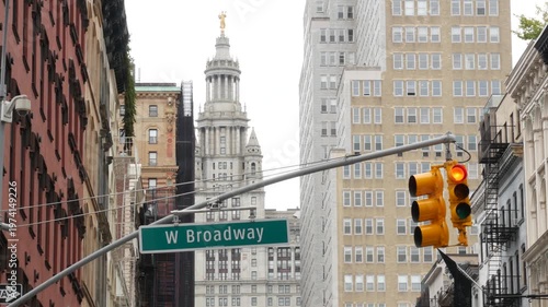 New York City Downtown Civic Center, United States of America. Manhattan municipal building 1914 old historic architecture. Government administration authority. W Broadway street sign, Chambers street