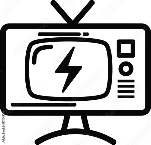 Old television icon showing lightning bolt symbol on screen, antenna, controls, technology.