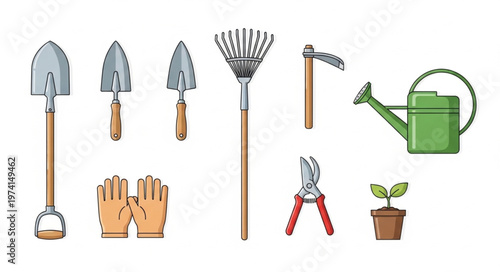 Collection of Gardening Tools - Shovel, Rake, Watering Can, and More.