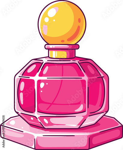 Pink perfume bottle with golden cap, luxury beauty product, elegant fragrance container, cosmetic item.