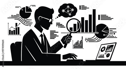 Man analyzing data with charts graphs and a laptop a striking silhouette