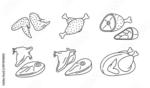 Poultry cuts outline icon set chicken meat vector