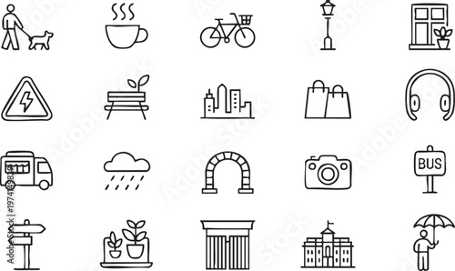 City navigation icons with transport weather and urban lifestyle symbols for travel and design projects