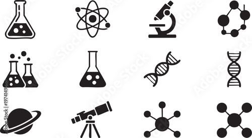 Science icon set with chemistry lab atom dna microscope and research symbols for education design