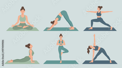 Flat illustration of a young woman performing various yoga poses and meditation stretches on colorful mats, illustrating healthy lifestyle routines and provides visual wellness center branding