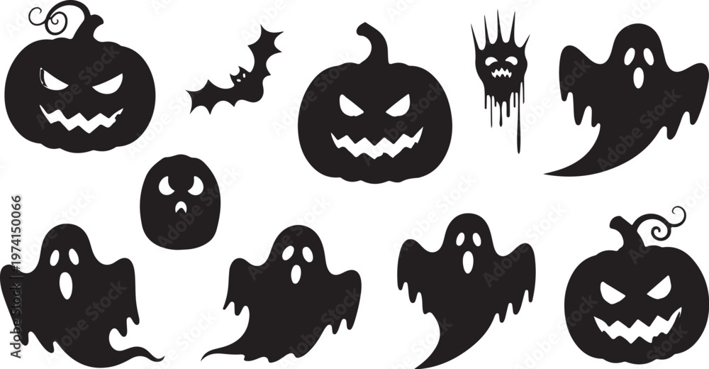 Obraz premium Halloween icons set with spooky ghosts and pumpkins