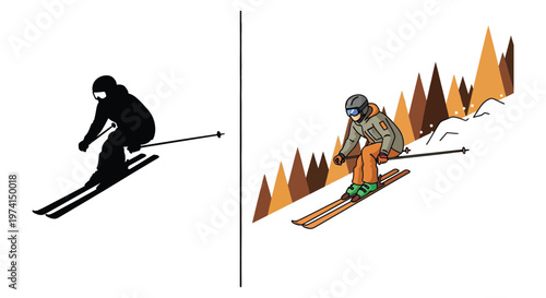 Skier depicted in both a silhouette and colorful illustration style