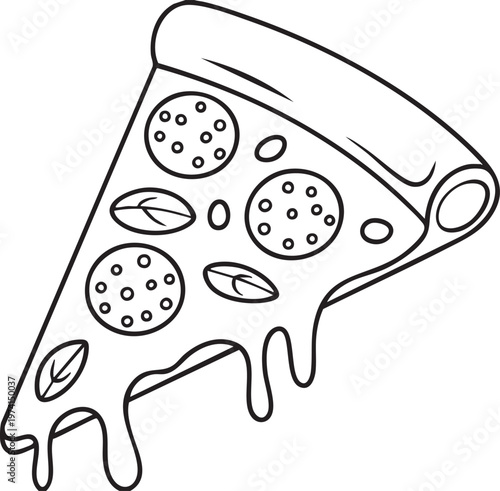 Pizza slice icon with pepperoni cheese and basil toppings for fast food and restaurant design