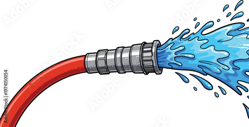 Red fire hose nozzle spraying powerful stream of water with splashes and droplets on transparent background.