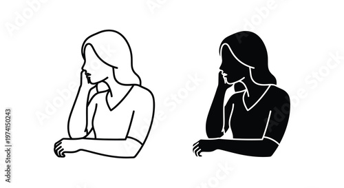 Two depictions of a woman thoughtfully posing one line art one silhouette