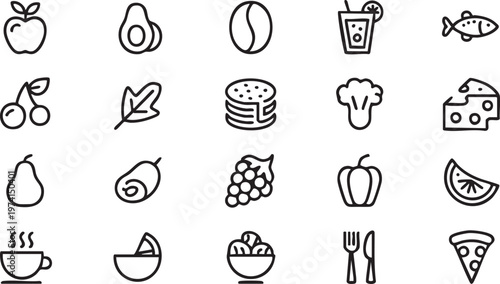 Food icon set with healthy fruit vegetables meals and snacks for nutrition and menu design