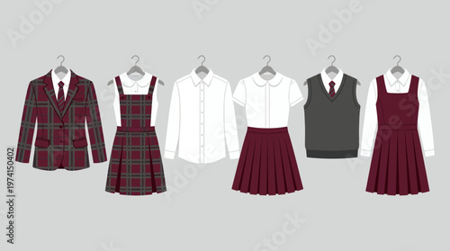 Collection of school uniform apparel sets including plaid blazers skirts shirts and vests hanging on a grey background, representing student fashion retail illustrating academic dress codes