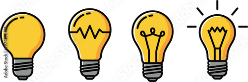 Set of diverse yellow light bulb icons representing creative thinking innovation and bright concepts.