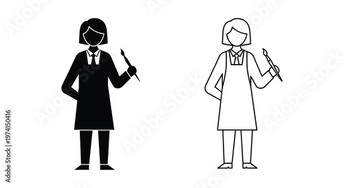 Two depictions of a female artist holding a paintbrush a striking silhouette