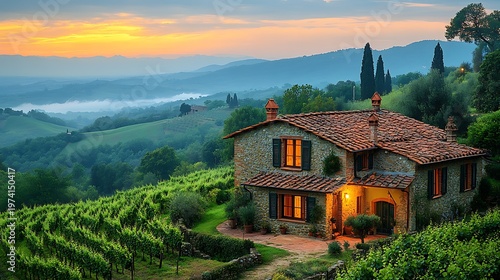 Scenic country house with vineyard view at sunrise