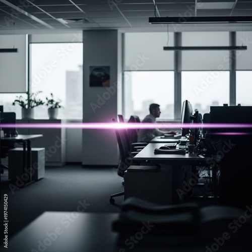 Office worker focused on computer work in modern office.