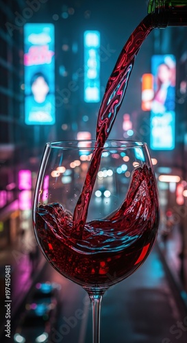 Wine Pouring into Glass with City Lights Background.