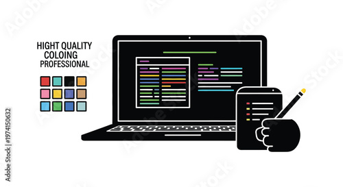 Laptop displaying code with phone and pen a modern workspace silhouette