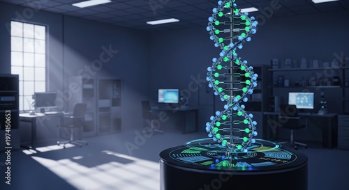 Illuminated DNA Helix in Modern Laboratory Setting.