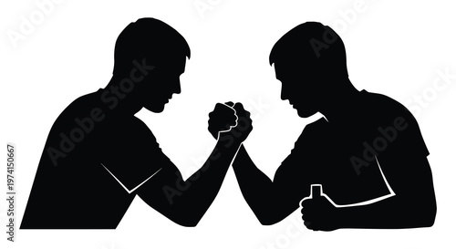 Two men engaged in an intense arm wrestling match black silhouette